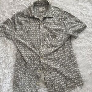 Gray and white patterned button down shirt